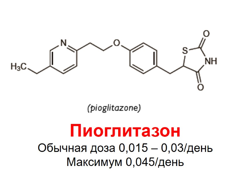 Пиоглитазон Обычная доза 0,015 – 0,03/день Максимум 0,045/день